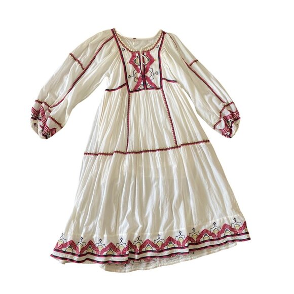 Free People Sweet Escape Embroidered Boho Peasant Folklore Dress White Red XS - Picture 1 of 12